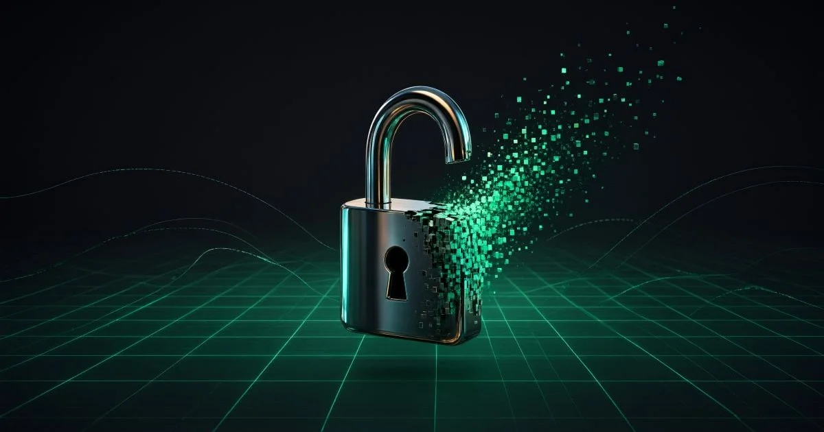 Cadenas numérique 3D s'ouvrant sur une grille de tableur Excel vert émeraude